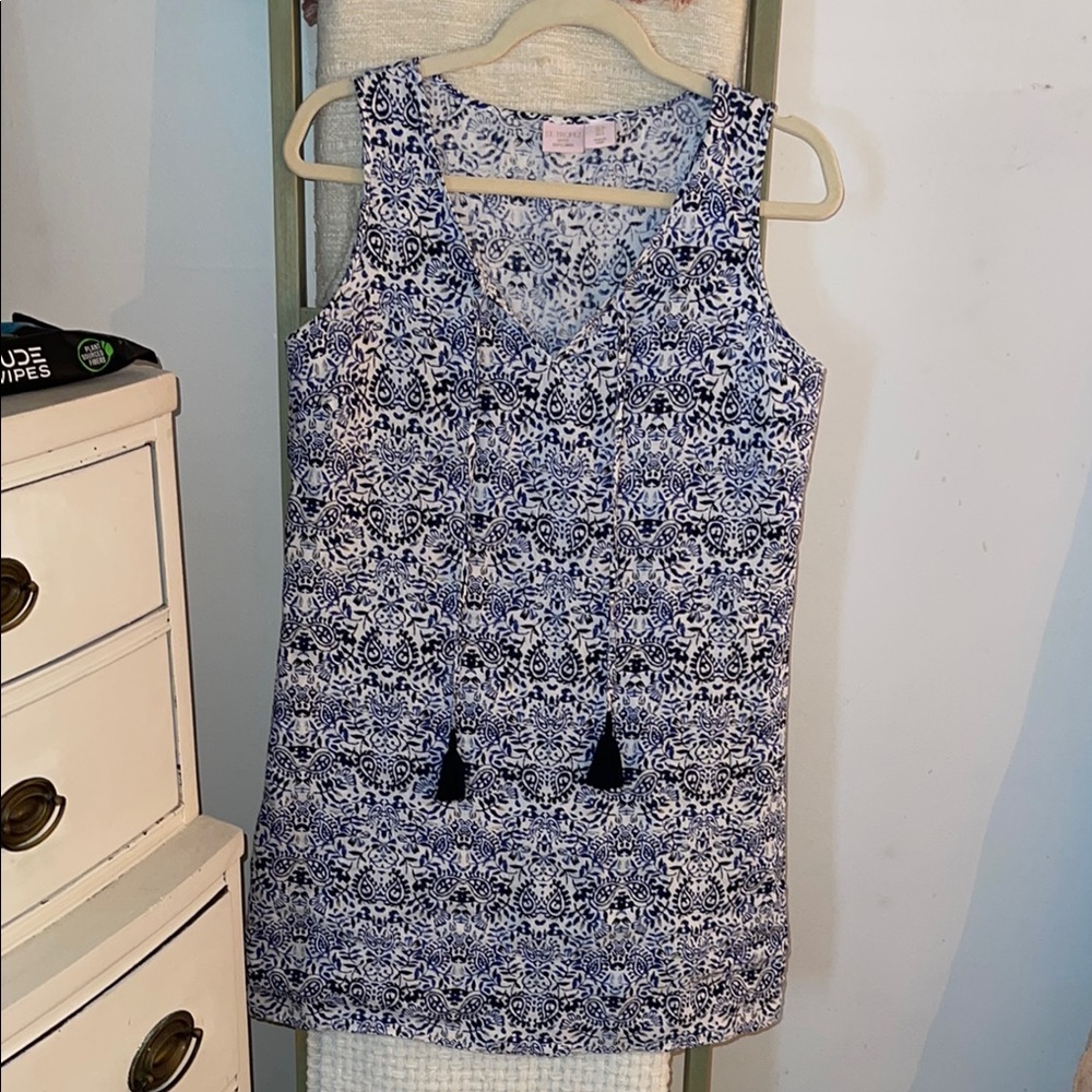 St Tropez Blue and White Sleeveless Dress with Tassels